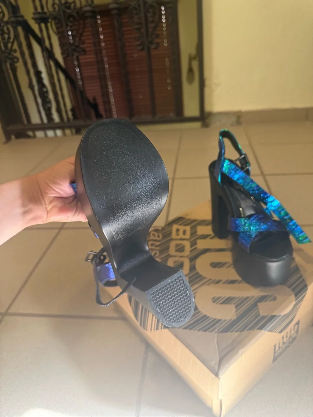 ROC Boots Australia Haunt blue patent leather platform sandals